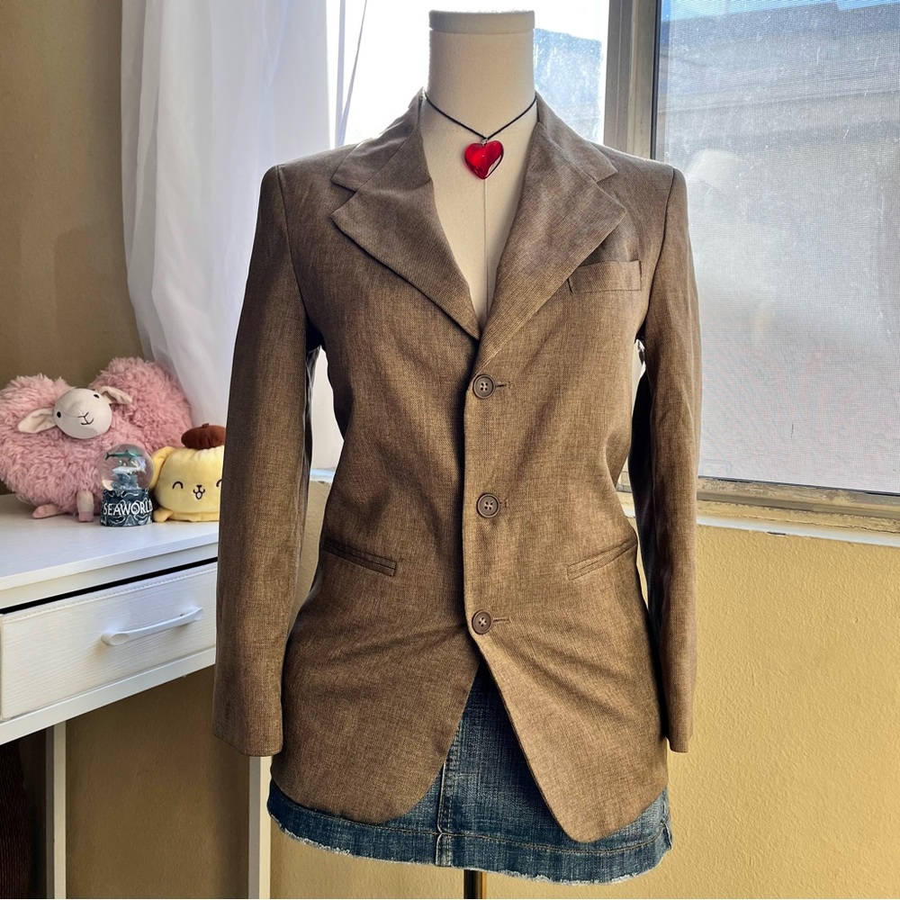 Light academia long sleeve tailored button front brown blazer jacket size S